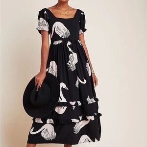 Anthropologie Black Swan-Print Tiered Midi Dress - Unbranded
